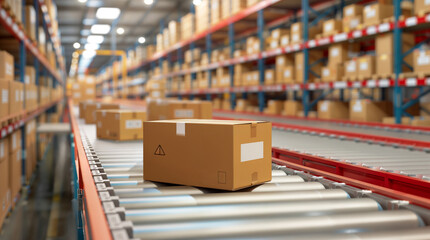 Cardboard boxes on a conveyor belt, packed goods, packages ready to be delivered in a retail product distribution and fulfillment center, background with cartons on shelves, e-commerce shipping ready