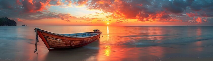 Breathtaking panoramic seascape at sunset with a wooden boat floating on calm waters under a fiery sky.