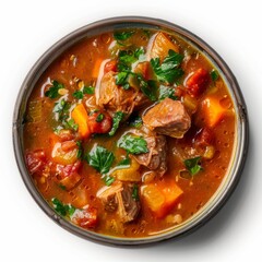Fototapeta premium A bowl of soup filled with meat and vegetables, a delicious and comforting Italian dish