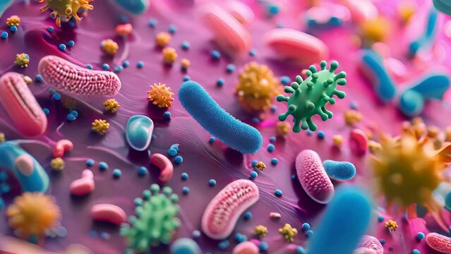 3D of a microscopic view of a variety of bacteria and viruses