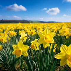 Fototapeta premium Daffodils in a daffodil field at sunset