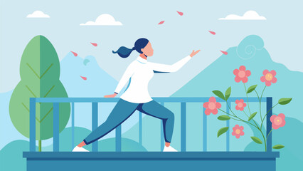 The gentle breeze carries the scent of blooming flowers as a person performs Tai Chi on a balcony their eyes closed in meditation.. Vector illustration