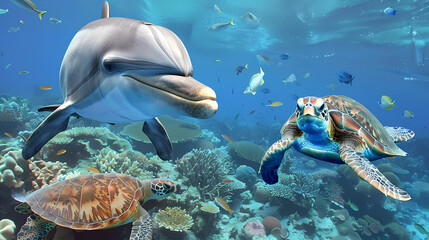 dolphin and turtle underwater on reef.  Generative AI