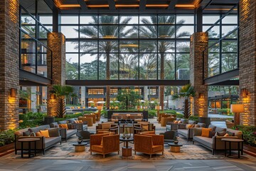 Naklejka premium Rustic Elegance: Industrial Aesthetics with Exposed Steel Beams, Brick Walls, and Large Windows