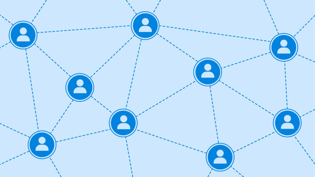 Social network with interconnected blue user icons linked by dotted lines on a light blue background