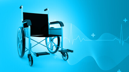 Hospital wheel chair on medical background. 3d illustration..