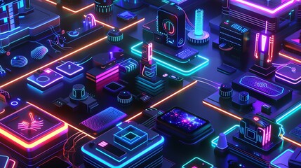 A 3D model of a tech innovation lab, lit entirely by neon and black lights, where various personal tech devices are being developed, each glowing with unique patterns and offering