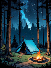 a blue tent with a blue tent and a campfire