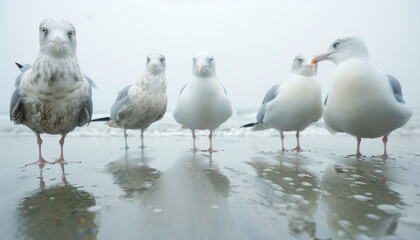 Curious Group of Seagulls on a Foggy Beach Captured in Close-Up, Reflecting in the Wet Sand
