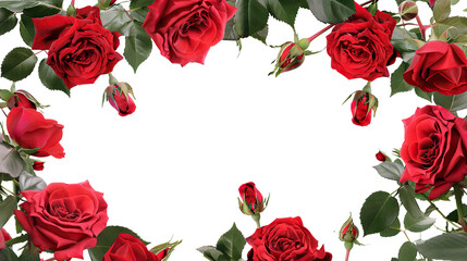 Frame of luxurious red roses in full bloom, with soft petals and green leaves, cut out