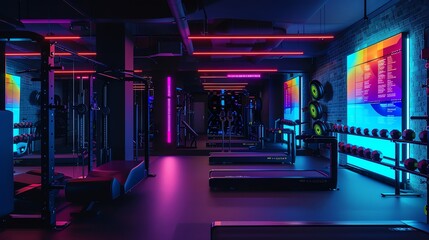 A fitness center where athletes train using biotechnological enhancements, lit by dynamic neon colors under black light, with each device showing 3D feedback patterns on performanc
