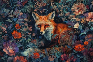 A fox is laying in a field of flowers. The flowers are in various colors and sizes, and the fox is surrounded by them