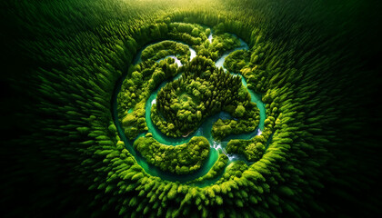 Vibrant Green: A Symphony of Nature. Aerial photography of a lush,  winding river with a forest landscape, Ecology, green living, eco-friendly image.