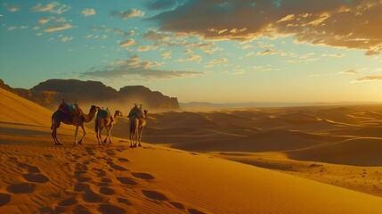 AI generated illustration of camels trekking across sandy dunes at sunset