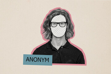 Composite photo collage of faceless blurred young guy anonym spy agent glasses eyes wear casual t...