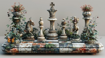 Fototapeta premium A chess board with pieces in the style of Enos, featuring futuristic shapes and colors in shades of green, blue, red, purple and pink white. The base is made from plastic material and has rounded edge