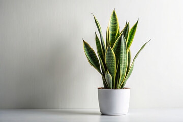 Elegant Sansevieria Plant on Minimalist White Background with Soft Natural Lighting, Showcasing Long Leaves and Textures, Strategically Positioned for Text Space - Digital Art Illustration