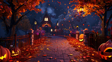 Pathway covered with vibrant autumn leaves, flanked by spooky decorations leading to a haunted house, enhancing the Halloween spirit3D vector illustrations