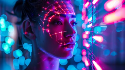 A portrait of a biotech advocate in a futuristic setting, illuminated by neon, with a black light that reveals hidden 3D patterns on their skin, symbolizing the fusion of human and