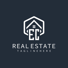 EC initial monogram logo for real estate with home shape creative design.