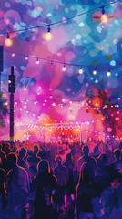 Summer festival atmosphere with live music, crowds enjoying performances, colorful lights, and festive decorationswatercolor