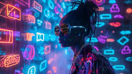 A portrait of a technology advocate in a futuristic outfit, standing in a room lit by black light