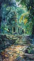 Vacation travel adventure in a tropical destination, a couple exploring ancient ruins surrounded by lush junglewatercolor