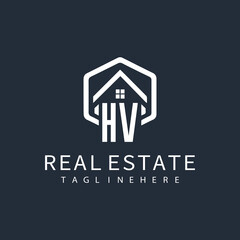 initial monogram logo for real estate with building shape creative design	
