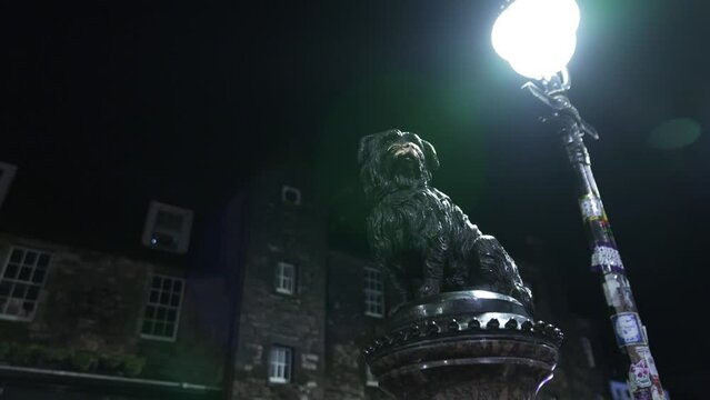 Greyfriars Bobby Fountain Statue Wide Low Angled Right To Left Track.