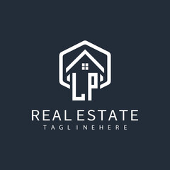 initial monogram logo for real estate with building shape creative design	

