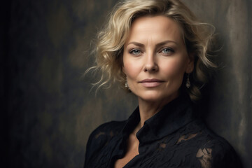 Fototapeta premium Sophisticated Swedish Woman in Early 40s with Elegant Black Lace Outfit in Studio Portrait