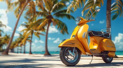 Yellow vintage scooter on the background of palm trees and blue sky with clouds, side view. Concept for summer vacation at the beach or holiday trip on motorcycle.