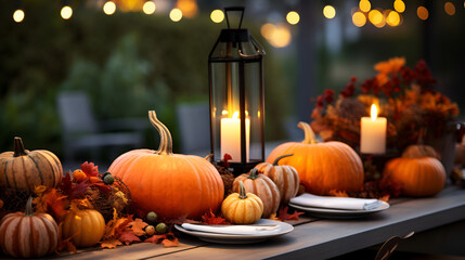 Pumpkins surrounded by candles vintage lanterns and hanging ornament on wooden wall
