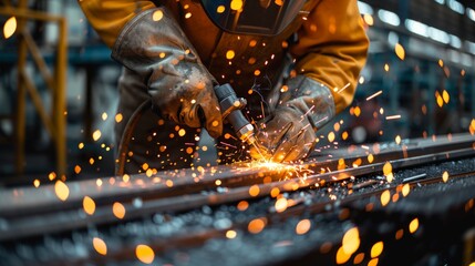 Welding worker in a factory using a welding machine with sparks flying around him while working on a metal plate. A closeup view shows his hands and equipment.