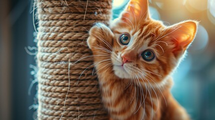 Closeup of an orange cat playing with its paw on the tower of textured and braided jute, warm light from behind, natural look.