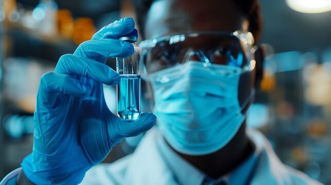 Close up of an African American scientist holding a glass vial with blue liquid, glass in focus. Wearing a medical mask and gloves in a lab coat, with a laboratory background. - Powered by Adobe