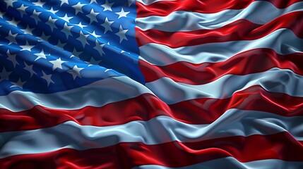 Close up view of the American flag waving in the wind. Democracy, independence and election day. Patriotic symbol of American pride. Selective focus.