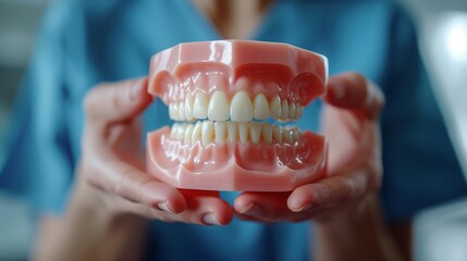 Dentist in a blue shirt is holding a model of teeth for use in dental education, close-up of hands and white teeth with pink plastic tooth pattern showing healthy clean natural teeth.