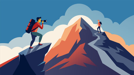 A hiker reaching the summit of a challenging trail their triumph captured by a photographer waiting at the top.. Vector illustration