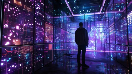 An advocate for digital privacy in a room that looks like a 3D grid, lit by neon and under black light