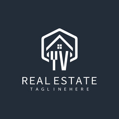 initial monogram logo for real estate with building shape creative design	
