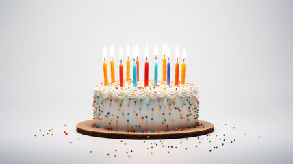 Celebration birthday cake with candles on a soft color background