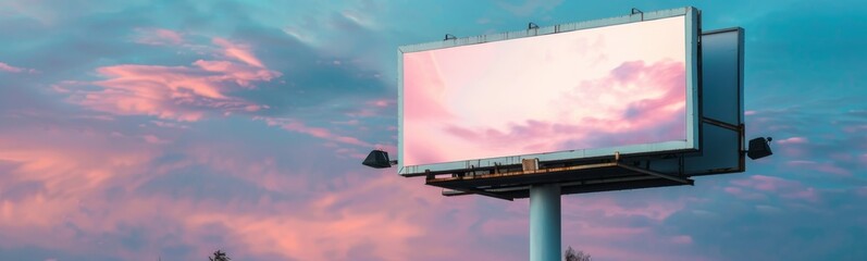 Billboard with a bird sitting on it against a cloudy sky. Banner