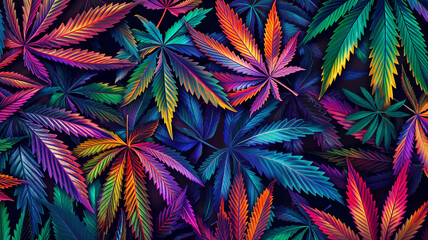 Cannabis leaves. Cannabis marijuana foliage with a purple pink tint on a black background. Large leaf of cannabis plant in purple light