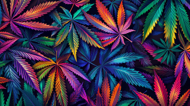 Cannabis leaves. Cannabis marijuana foliage with a purple pink tint on a black background. Large leaf of cannabis plant in purple light