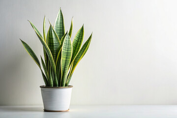 Elegant Sansevieria Plant on Minimalist White Background with Soft Natural Lighting, Showcasing Long Leaves and Textures for Text Space - Digital Art Illustration