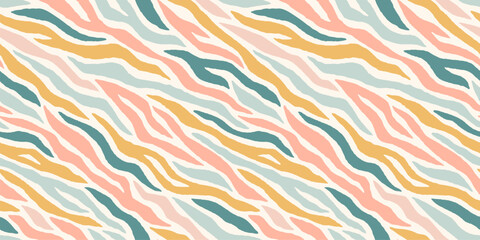 Pastel groovy zebra skin print seamless pattern. Animal skin tiger stripes textured background in retro pastel colors. © Olga