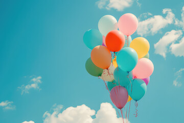 Bunch of colorful helium balloons are floating high up in blue sky