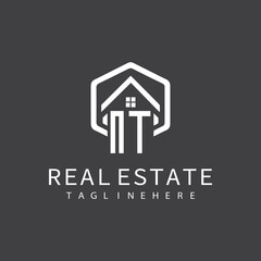 initial monogram logo for real estate with building shape creative design	
