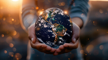 Hands holding circular globe of Earth